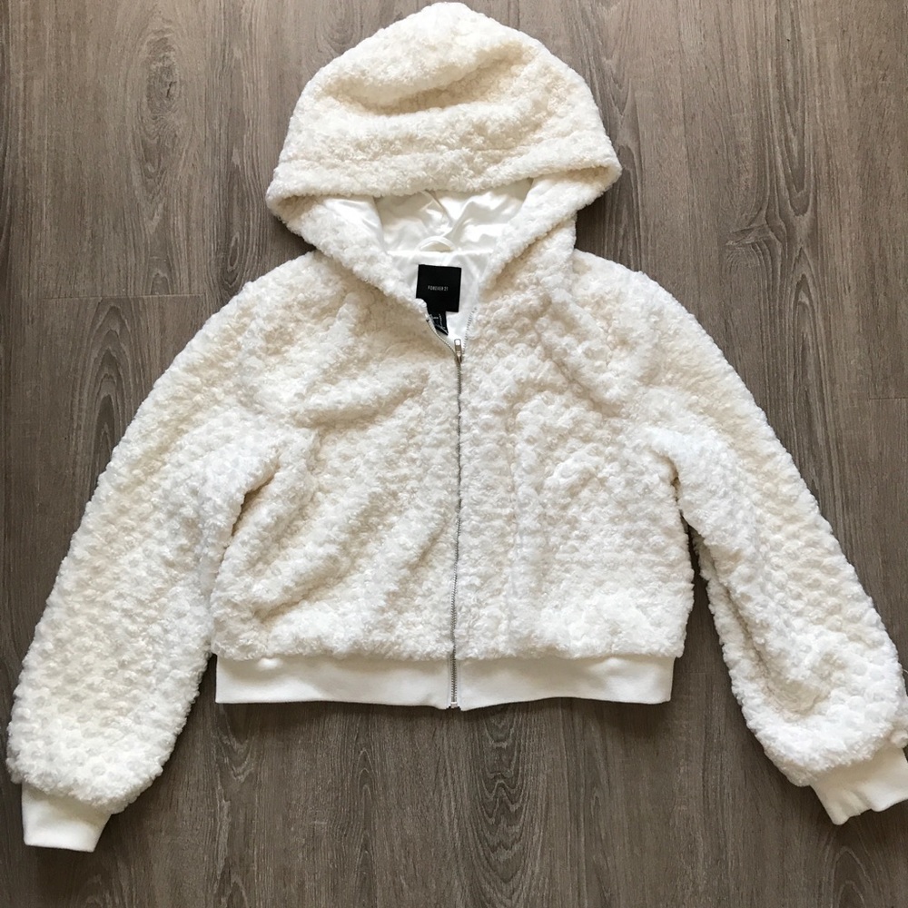 Forever 21 Cropped Faux Fur Teddy Boucle Fullzip Hooded Jacket Large EUC